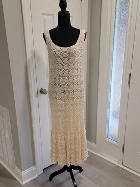 Crochet Dress in Cream — Sleeveless Scoop Neck Maxi